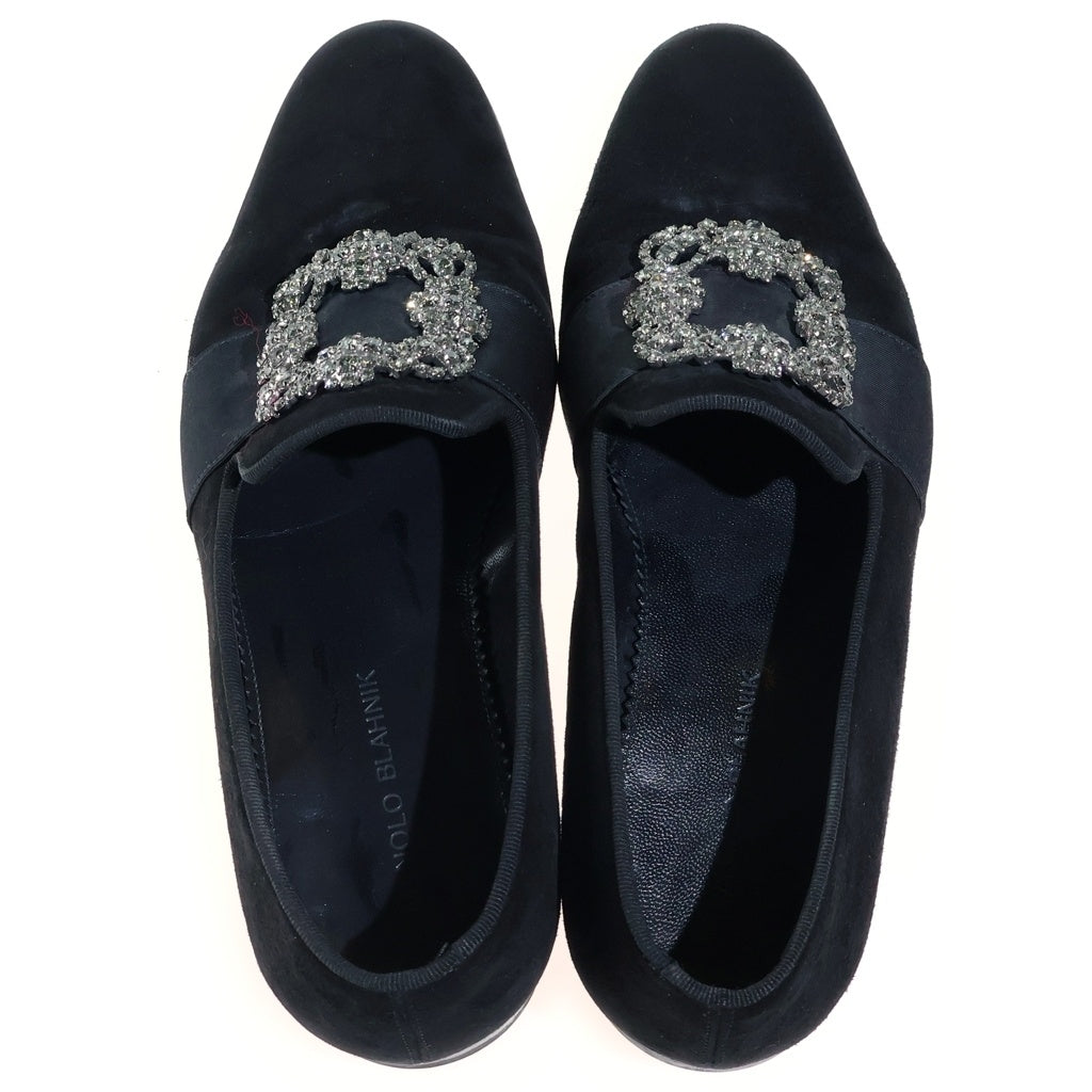 MANOLO BLAHNIK(マノロブラニク) CARLTON カールトン ベルベット ビジューバックル スリッポン フラットシューズ ブラック レディース