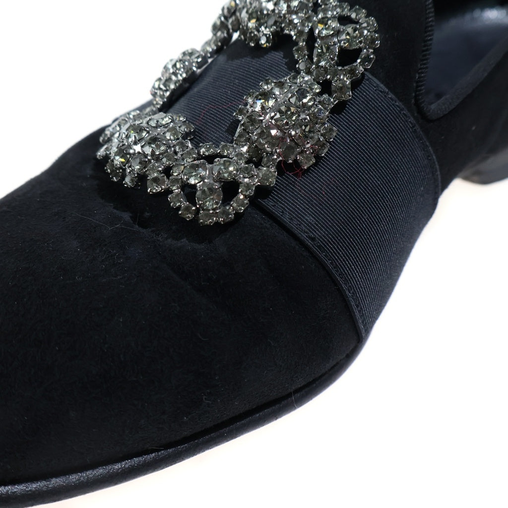 MANOLO BLAHNIK(マノロブラニク) CARLTON カールトン ベルベット ビジューバックル スリッポン フラットシューズ ブラック レディース
