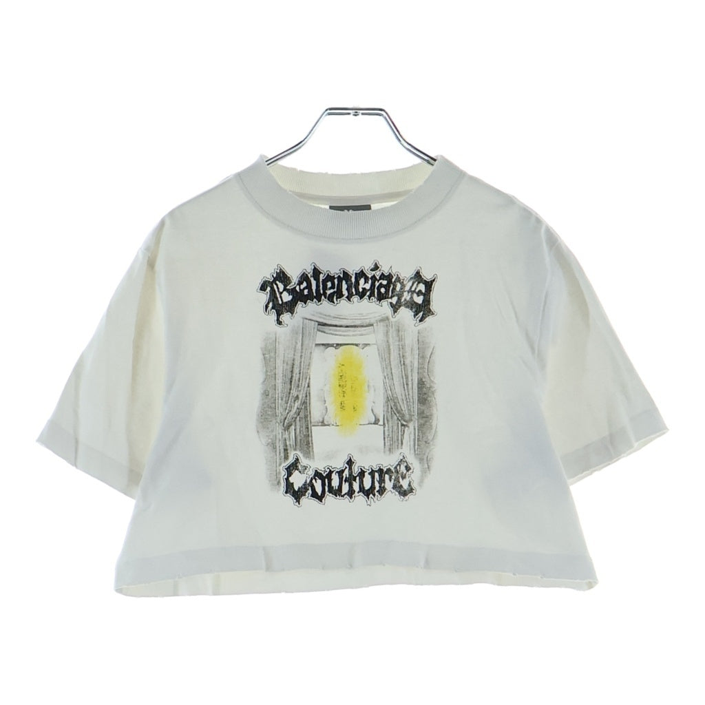 BALENCIAGA(バレンシアガ) 26SS Salon De Couture クロップド半袖Tシャツ カットソー ユーズド加工 アートワークプリント ホワイト 871735 TUVD4 レディース