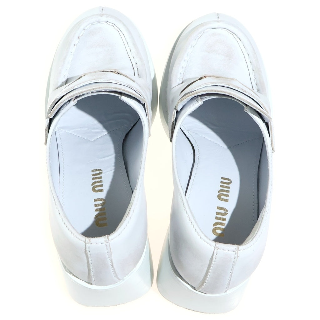 miumiu(ミュウミュウ) Leather Penny Loafers レザーペニーローファー シューズ コイン チャンキーソール ユーズド加工 ホワイト 5D820D レディース