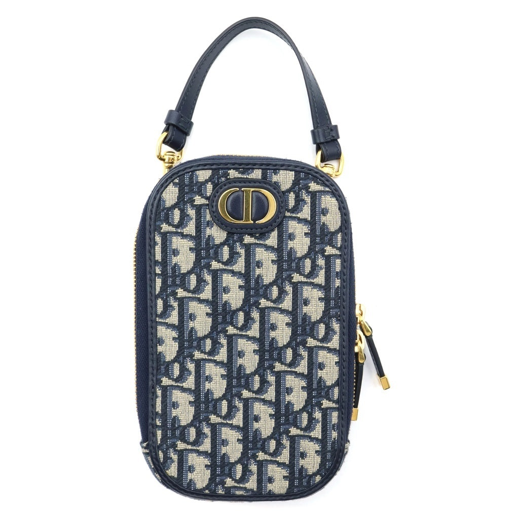 Christian Dior(クリスチャンディオール) 30 モンテーニュ フォンホルダー オブリーク チェーンショルダーバッグ ネイビー レザー×キャンバス ゴールド金具 レディース