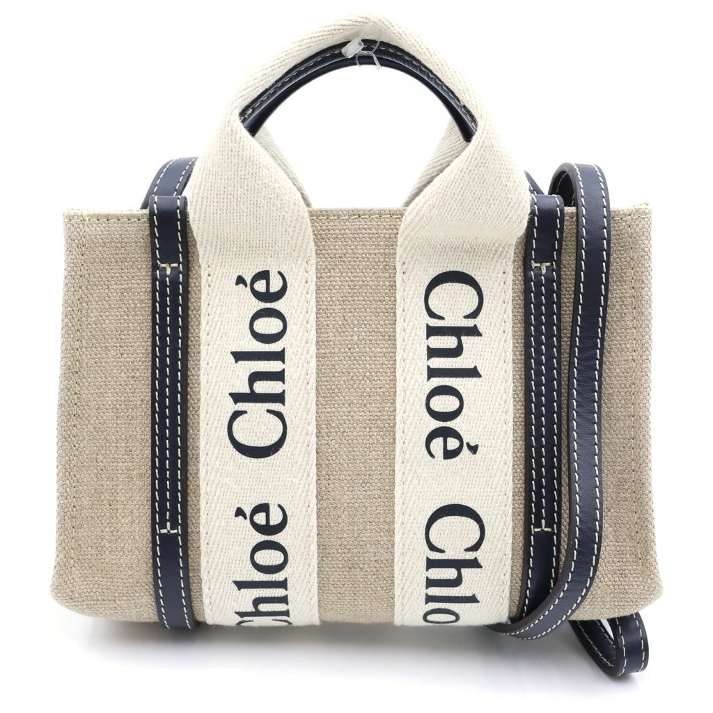 Chloe(クロエ) ウッディ ミニトートバッグ ハンドバッグ ショルダーバッグ ベージュ×ネイビー キャンバス×レザー CHC22AP237I26 レディース