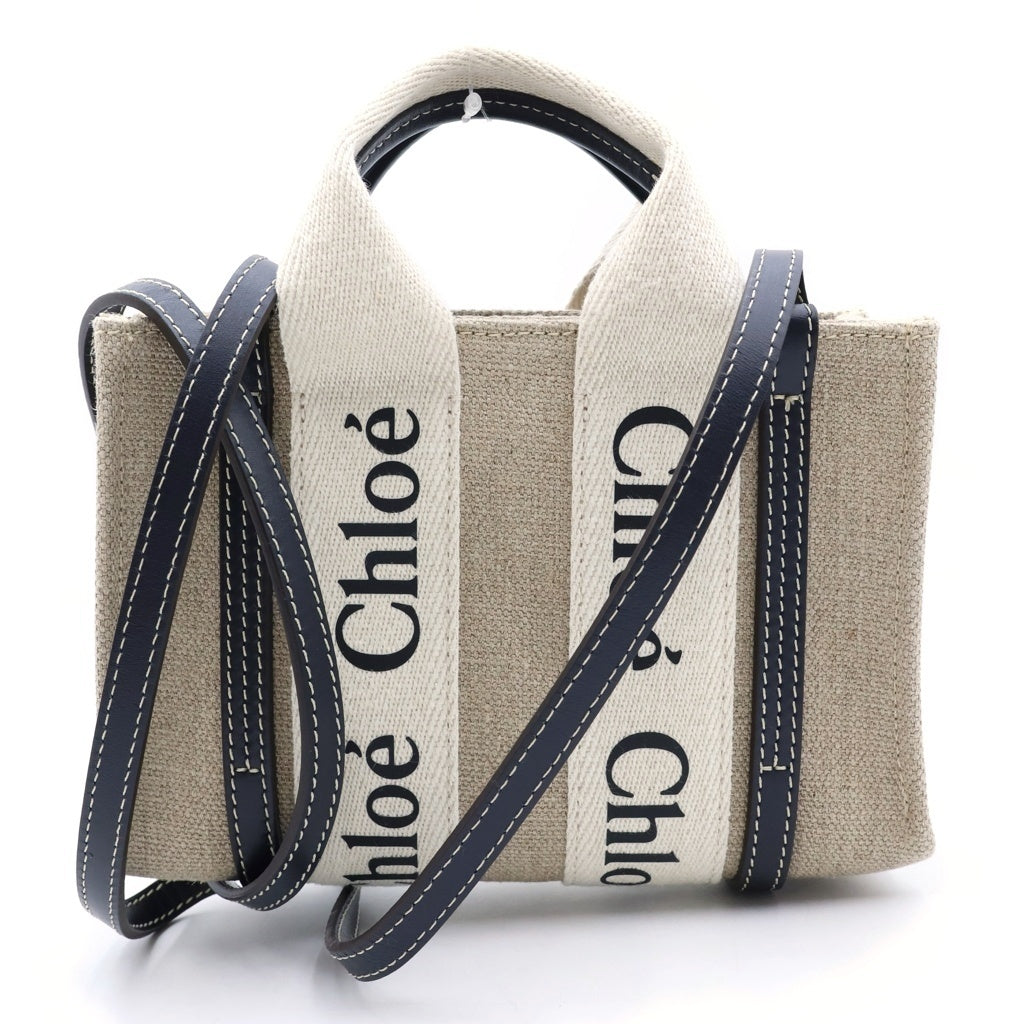Chloe(クロエ) ウッディ ミニトートバッグ ハンドバッグ ショルダーバッグ ベージュ×ネイビー キャンバス×レザー CHC22AP237I26 レディース