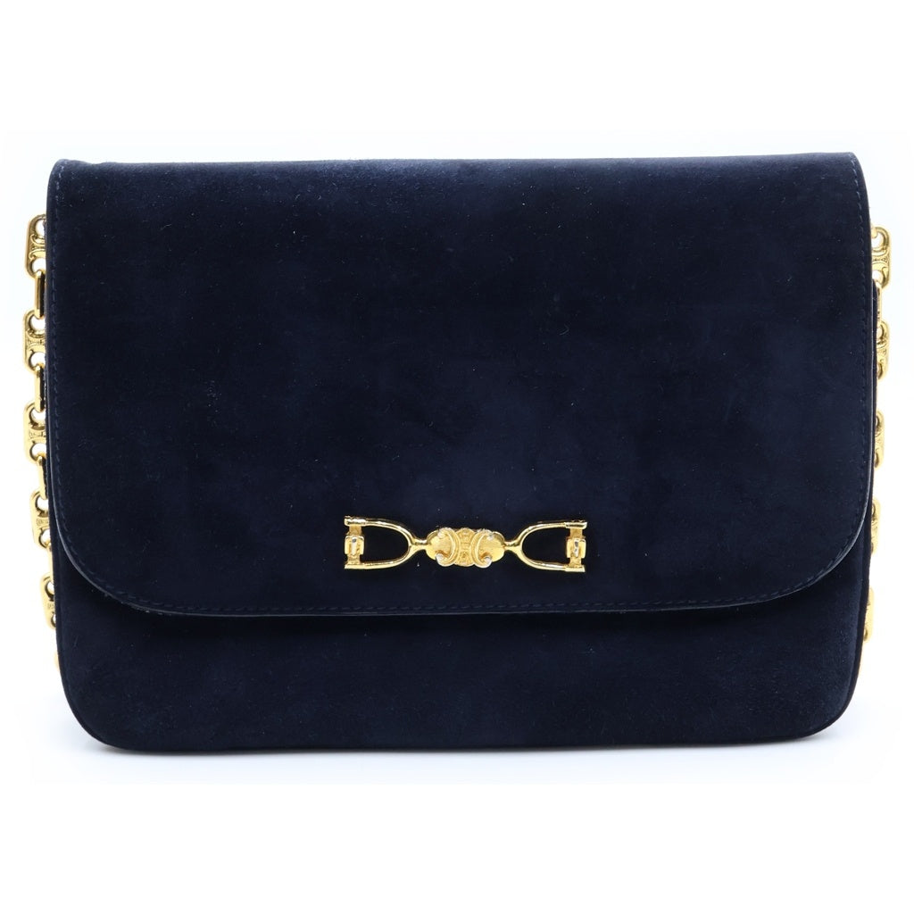 CELINE(セリーヌ) マカダム チェーンショルダーバッグ ネイビー ブルー スエード ゴールド金具 レディース