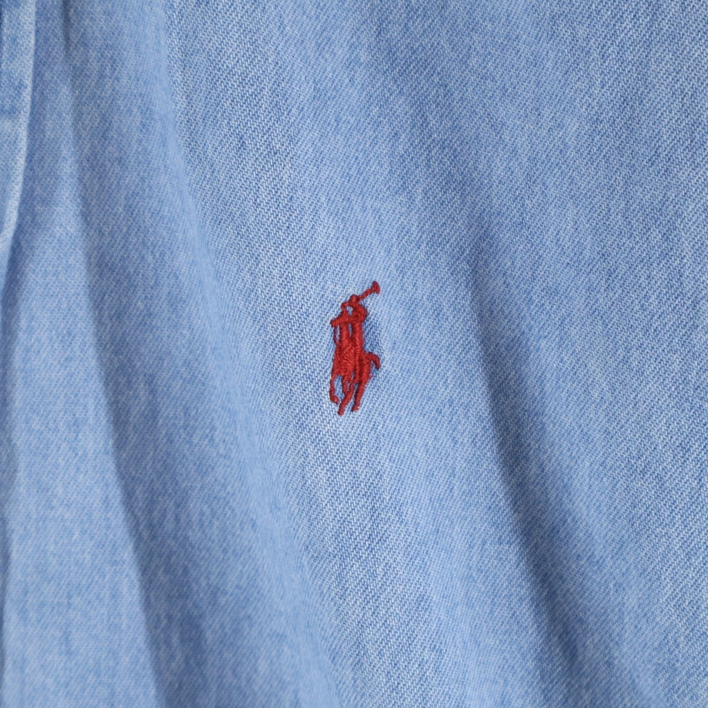 LAUREN RALPH LAUREN(ローレンラルフローレン) 90s BLAIRE ポニーロゴ刺繍 長袖デニムシャツ シャンブレー ボタンダウン ブルー レディース