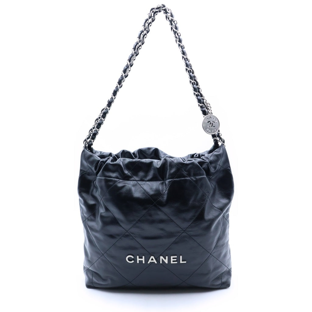 CHANEL(シャネル) シャネル22 スモール 巾着バッグ チェーンハンドバッグ ショルダーバッグ ブラック カーフスキン プレートシリアル AS3260 シルバー金具 レディース