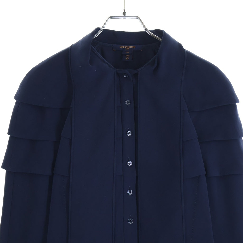 LOUIS VUITTON(ルイヴィトン) 18AW シルク混 ナイロン フリル 長袖 シャツ ブラウス ネイビー レディース RW182B SPM FFBL67