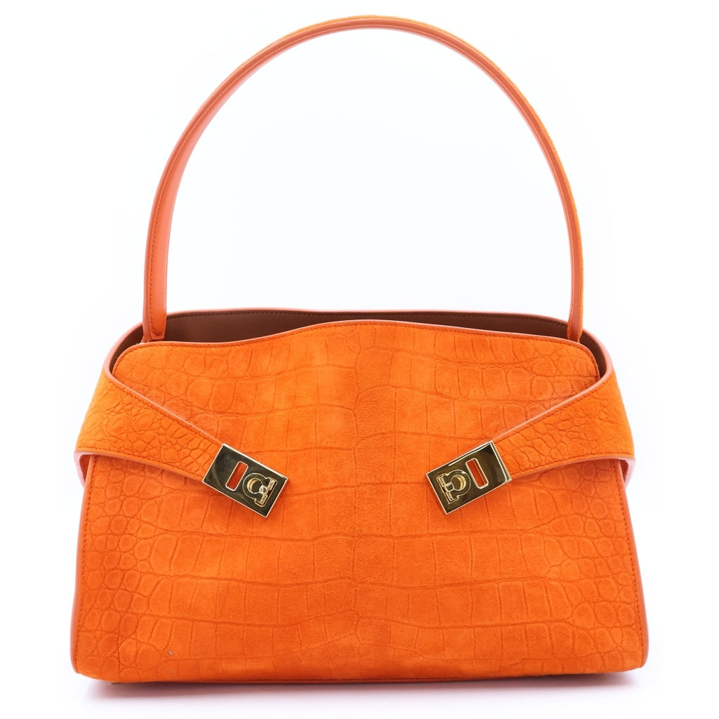 FERRAGAMO(フェラガモ) ハグ 2WAYハンドバッグ ショルダーバッグ オレンジ スエード型押しクロコ ゴールド金具 レディース