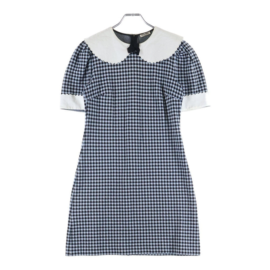 miumiu(ミュウミュウ) 21SS Short Sleeved Dress ギンガムチェック半袖ワンピース ドレス リボン ブラック/ブルー MJA814 1YQE レディース