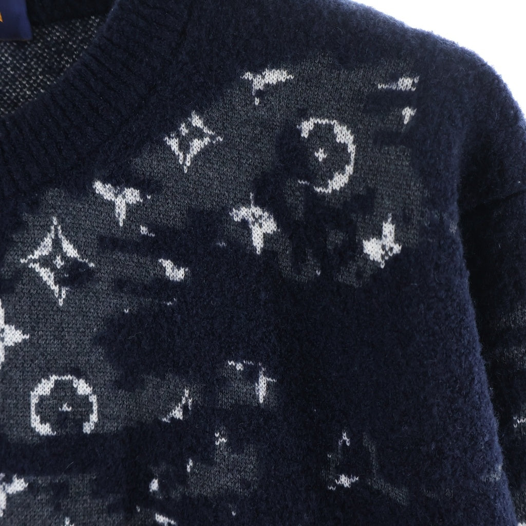 LOUIS VUITTON(ルイヴィトン) ディストレスト モノグラム ジャガード クルーネック 長袖ニット セーター ネイビー RM211 ZMB HKN03W