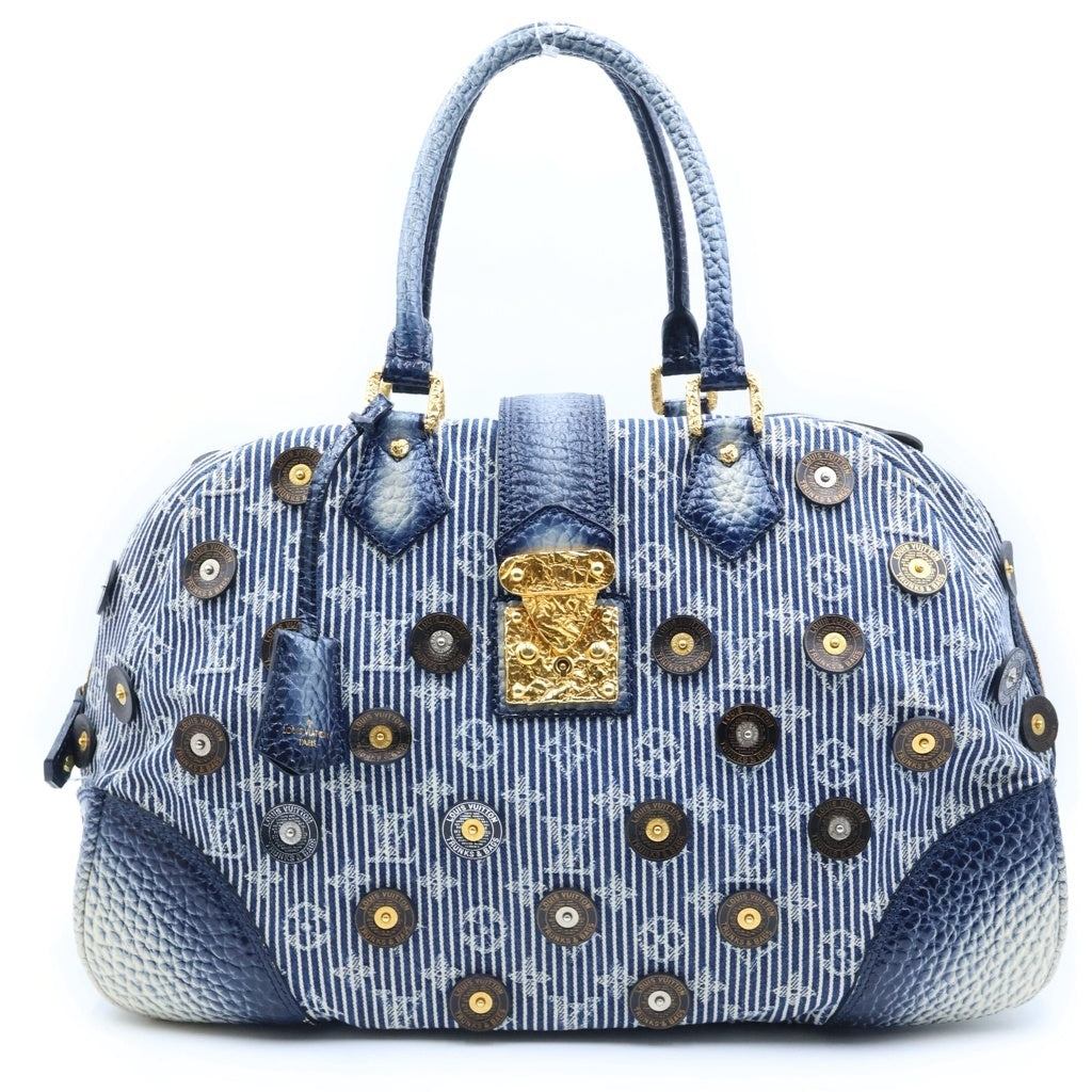 LOUIS VUITTON(ルイヴィトン) ポルカドッツ・パナマ・ボウリィ ハンドバッグ ボストンバッグ ブルー クロコ×キャンバス M95418 ゴールド金具 レディース