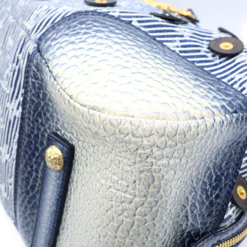 LOUIS VUITTON(ルイヴィトン) ポルカドッツ・パナマ・ボウリィ ハンドバッグ ボストンバッグ ブルー クロコ×キャンバス M95418 ゴールド金具 レディース