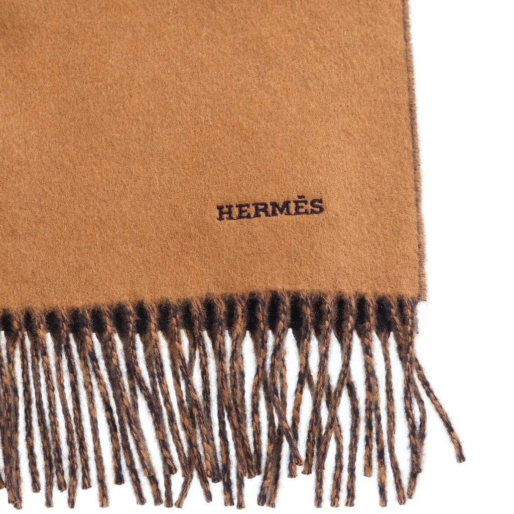 HERMES(エルメス) レクトヴェルソ カシミヤ ロゴ刺繍 バイカラー リバーシブルフリンジマフラー キャメル マリン ブラウン×ネイビー レディース