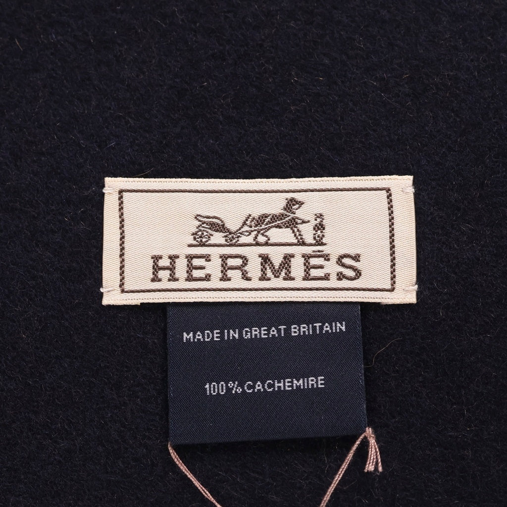 HERMES(エルメス) レクトヴェルソ カシミヤ ロゴ刺繍 バイカラー リバーシブルフリンジマフラー キャメル マリン ブラウン×ネイビー レディース