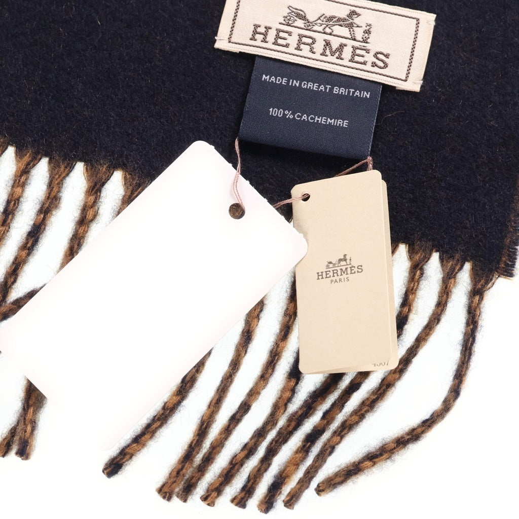HERMES(エルメス) レクトヴェルソ カシミヤ ロゴ刺繍 バイカラー リバーシブルフリンジマフラー キャメル マリン ブラウン×ネイビー レディース