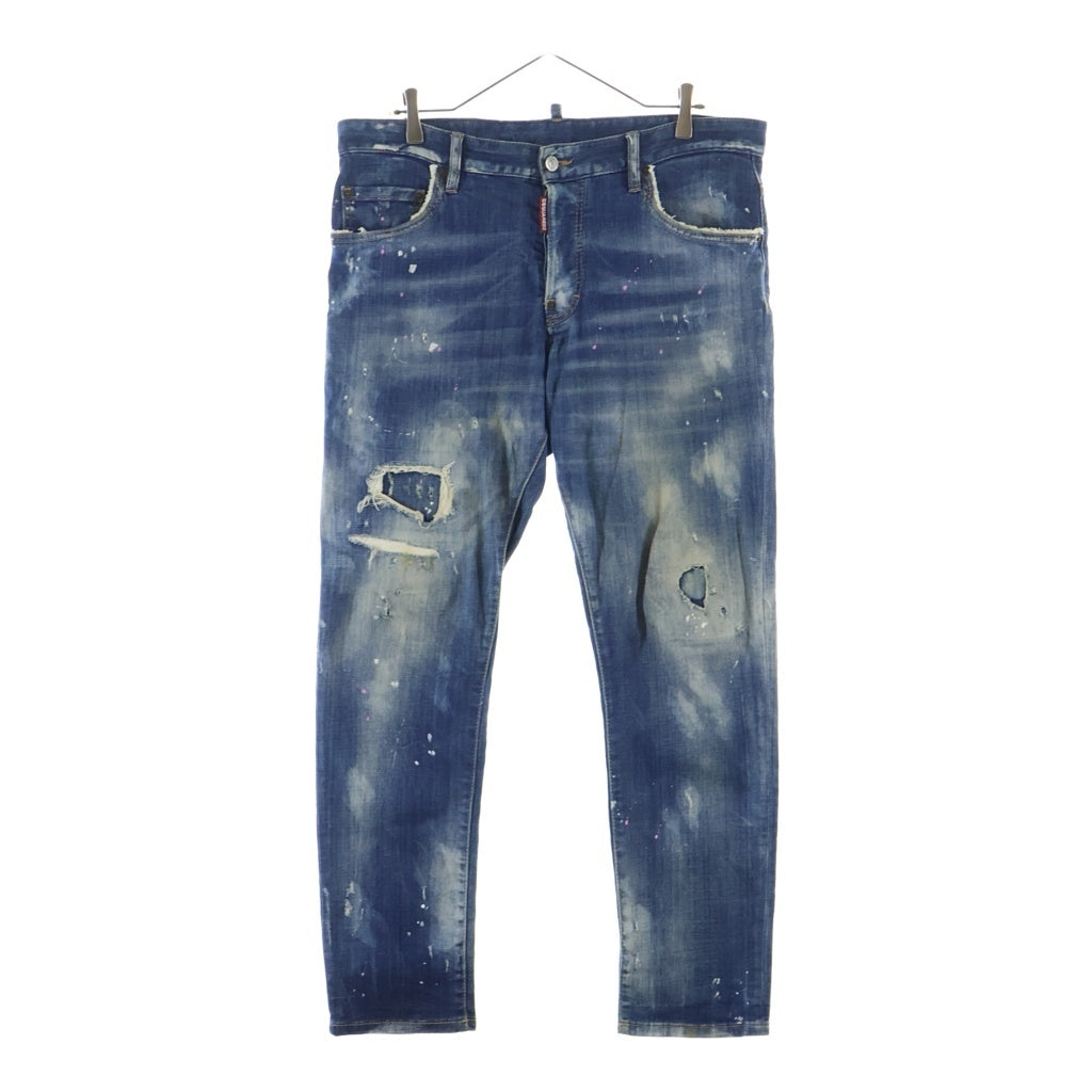 DSQUARED2(ディースクエアード) ダメージ ペイントストレートデニムパンツ ジーンズ インディゴブルー