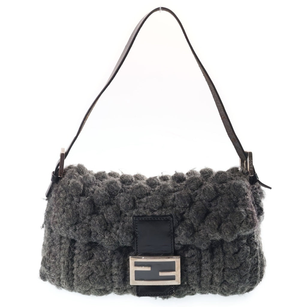 FENDI(フェンディ) マンマバケット ハンドバッグ ワンショルダーバッグ グレー ニット×レザー シルバー金具 レディース