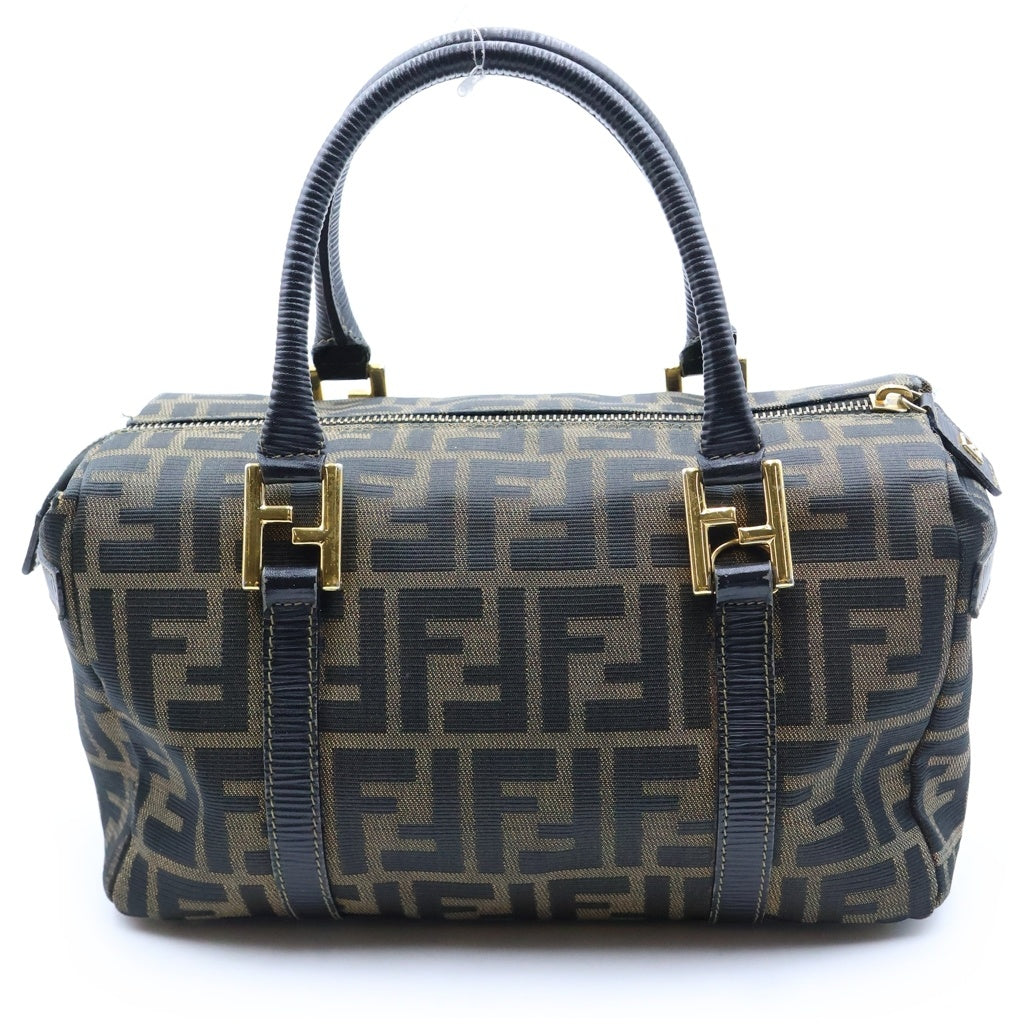 FENDI(フェンディ) ズッカ柄 2WAYハンドバッグ ボストンバッグ ショルダーバッグ ブラウン×ブラック レザー×キャンバス ゴールド金具 レディース