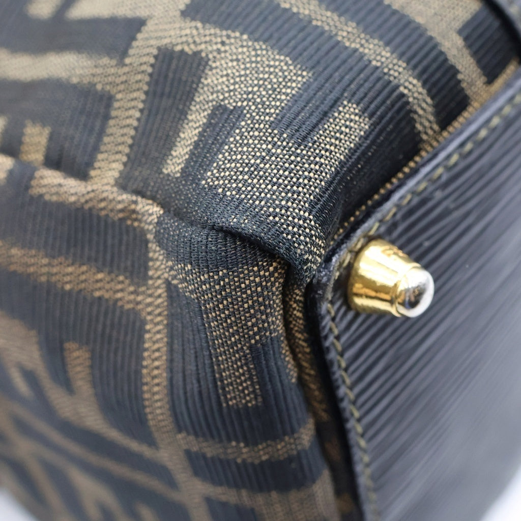 FENDI(フェンディ) ズッカ柄 2WAYハンドバッグ ボストンバッグ ショルダーバッグ ブラウン×ブラック レザー×キャンバス ゴールド金具 レディース
