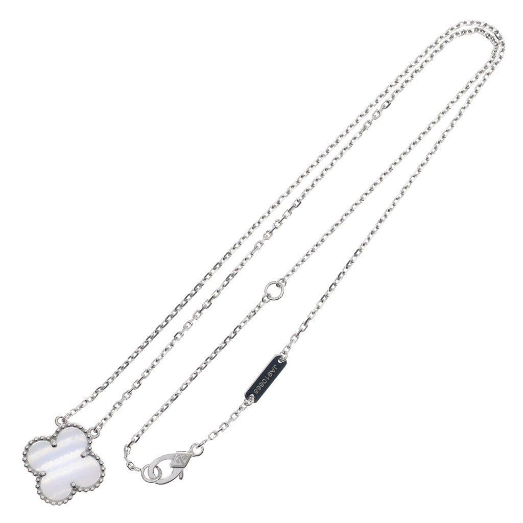 Van Cleef & Arpels(ヴァンクリーフアンドアーペル) ヴィンテージアルハンブラ カルセドニー ネックレス ペンダント チェーン ライトブルー×ホワイトゴールド Au750WG