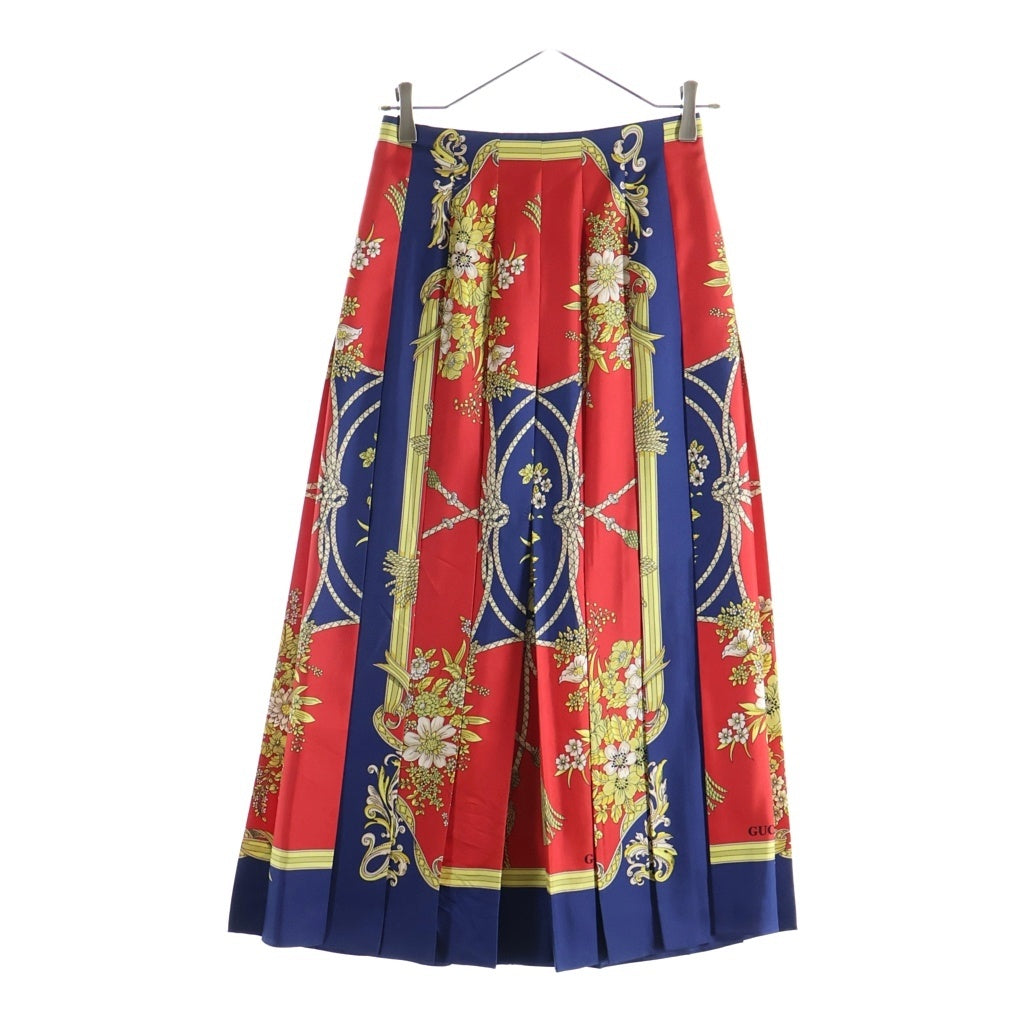 GUCCI(グッチ) ロングスカート スカーフ柄 総柄 プリーツ シルク ネイビー/レッド 409370 レディース