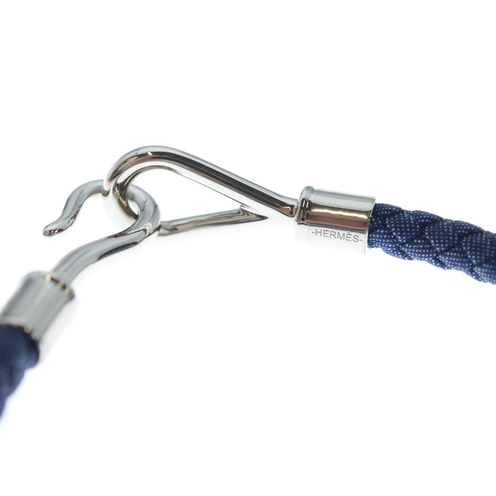 HERMES(エルメス) ジャンボH レザー ブレスレット シングル 編み込み シルバー金具 ブルー レディース