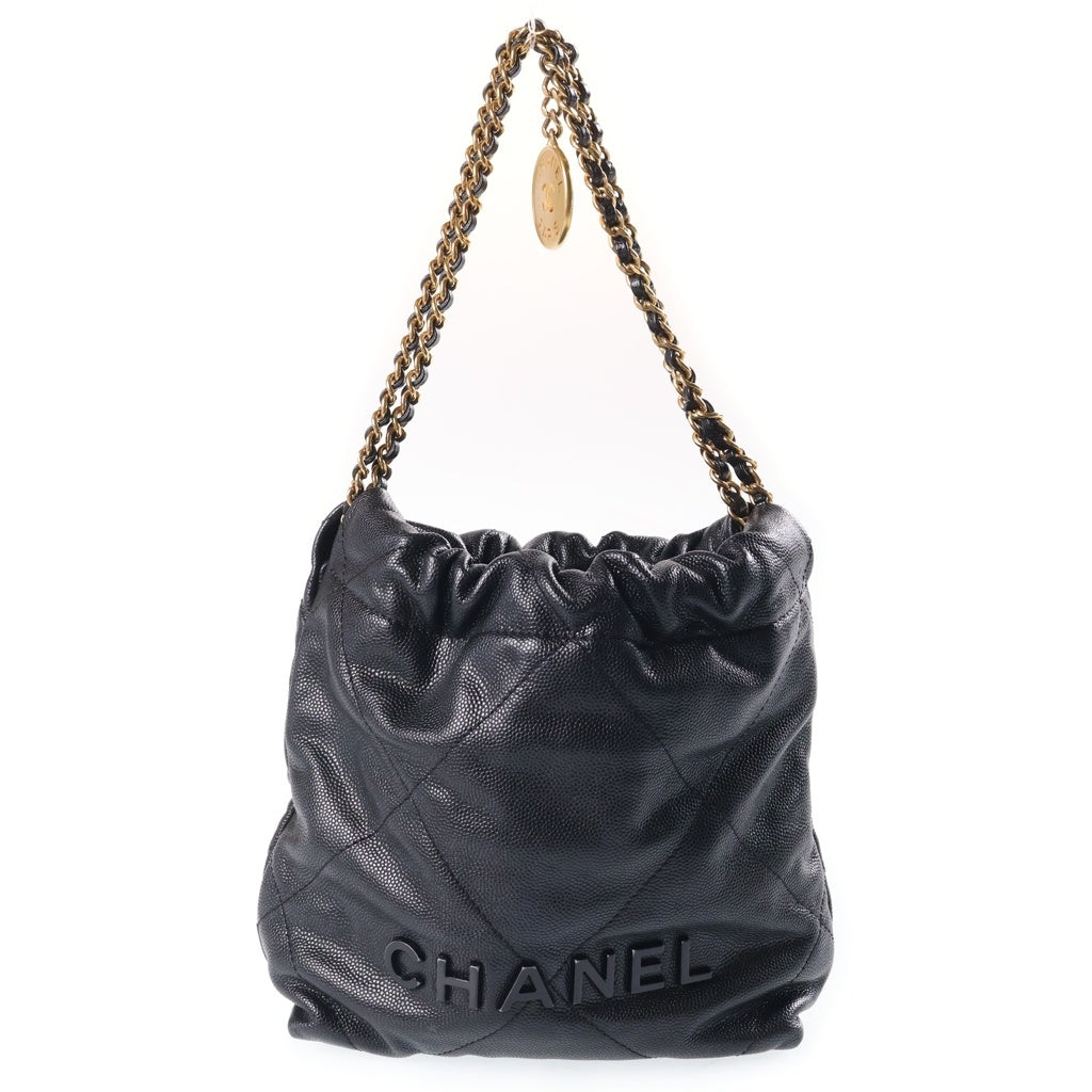 CHANEL(シャネル) シャネル22 ミニ チェーンショルダーバッグ ブラック キャビアスキン プレートシリアル AS3980 ゴールド金具 レディース