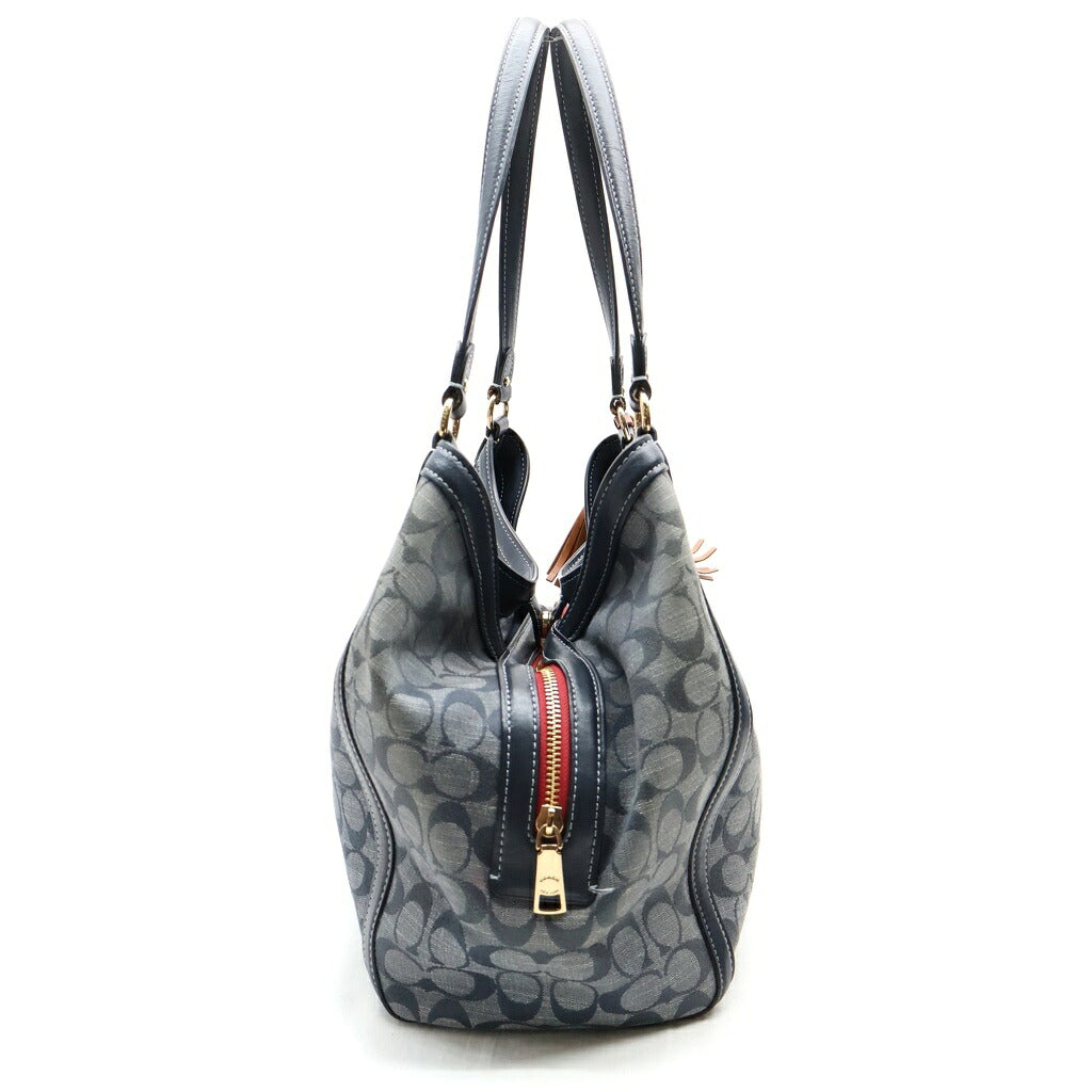 COACH(コーチ) シグネチャー デニム トート ハンドバッグ ロゴ レザー グレー
