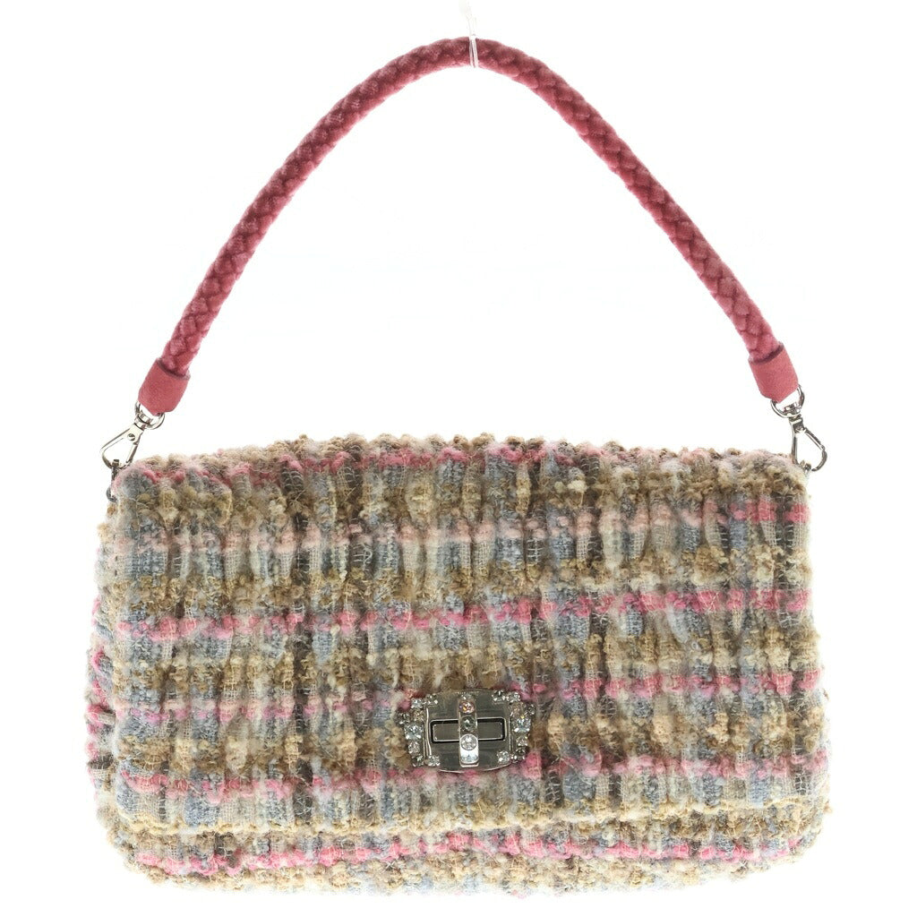 miumiu(ミュウミュウ) マテラッセ ラインストーン ターンロック ツイード ワンショルダーバッグ ハンドバッグ ピンク シルバー金具