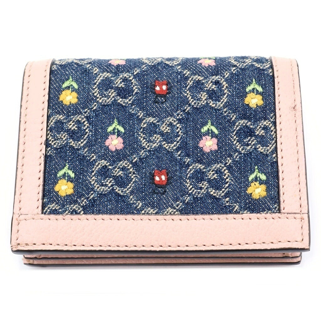 GUCCI(グッチ) GGマーモント 二つ折り財布 コンパクトウォレット コインケース デニム×レザー ピンク×インディゴブルー 523155