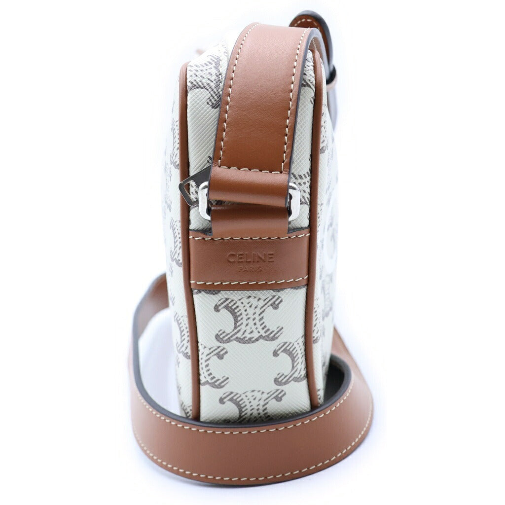 CELINE(セリーヌ) トリオンフ ホリゾンタルポーチ ショルダーバッグ ホワイト×ブラウン レザー×PVC シルバー金具