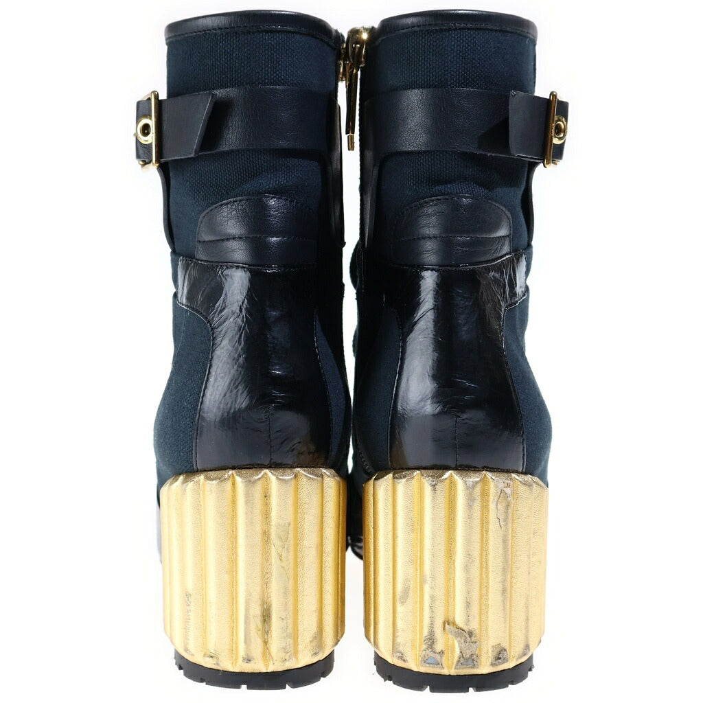 Christian Dior(クリスチャンディオール) ショート ブーツ レースアップ レザー キャンバス ブラック/ゴールド