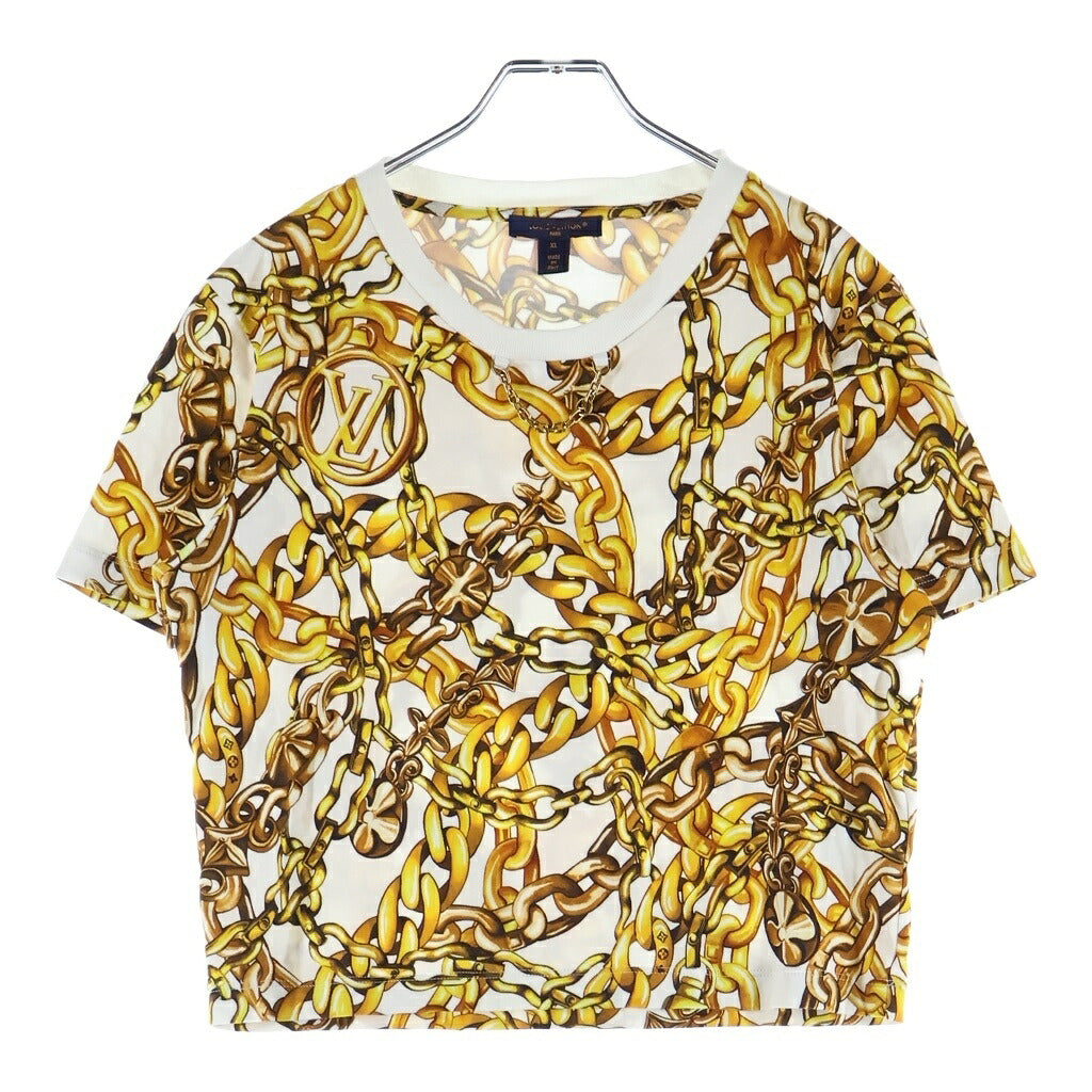 LOUIS VUITTON(ルイヴィトン) チェーンプリント クロップトップ Tシャツ 半袖 コットン ホワイト/イエロー FOTS36YE4