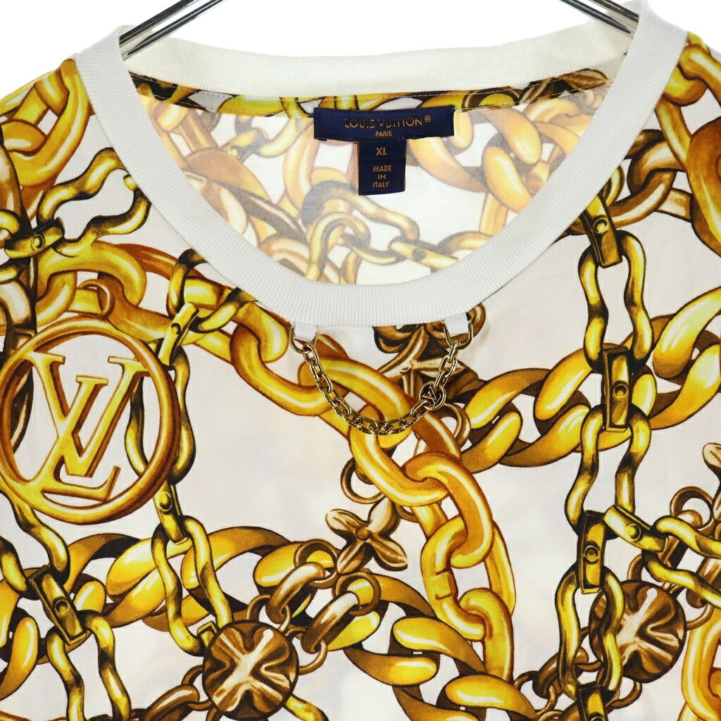 LOUIS VUITTON(ルイヴィトン) チェーンプリント クロップトップ Tシャツ 半袖 コットン ホワイト/イエロー FOTS36YE4