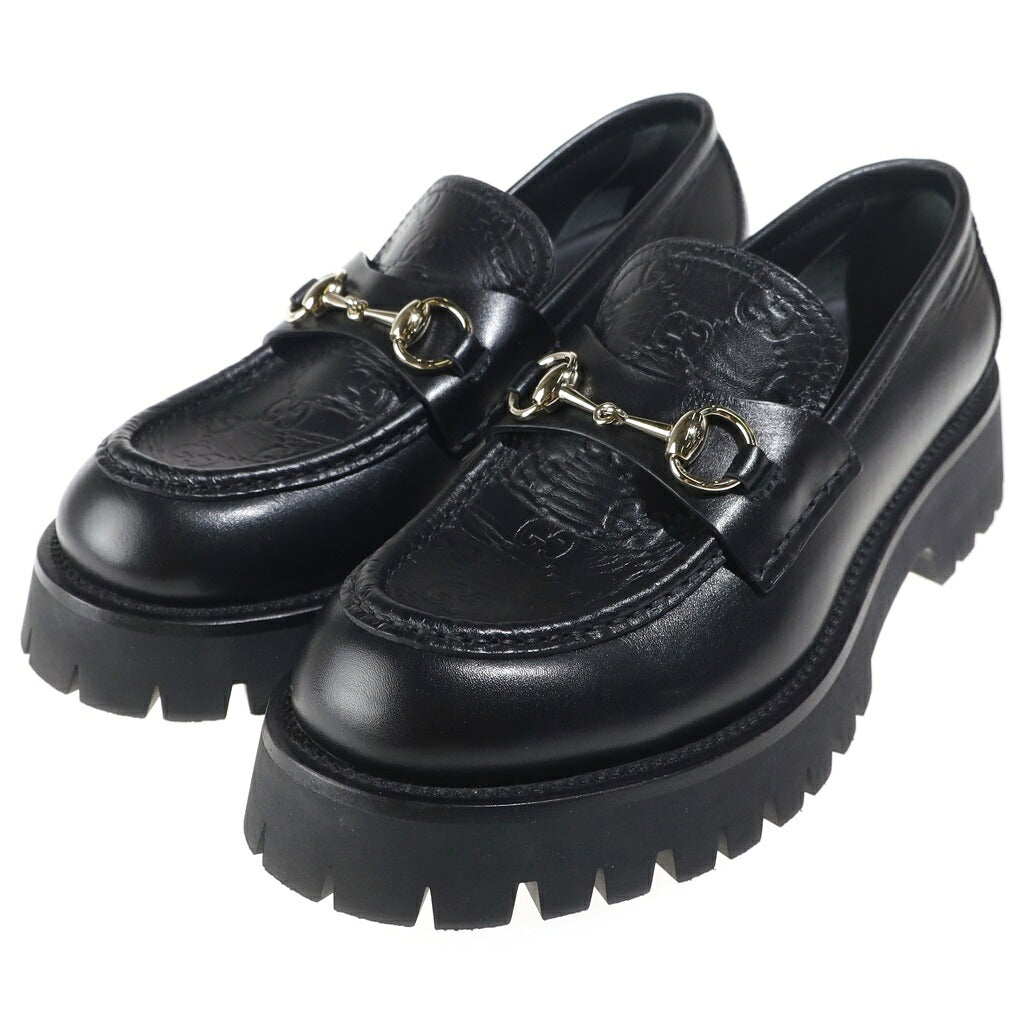 GUCCI(グッチ) GGエンボス ホースビット ローファー シューズ グッチシマ レザー ブラック