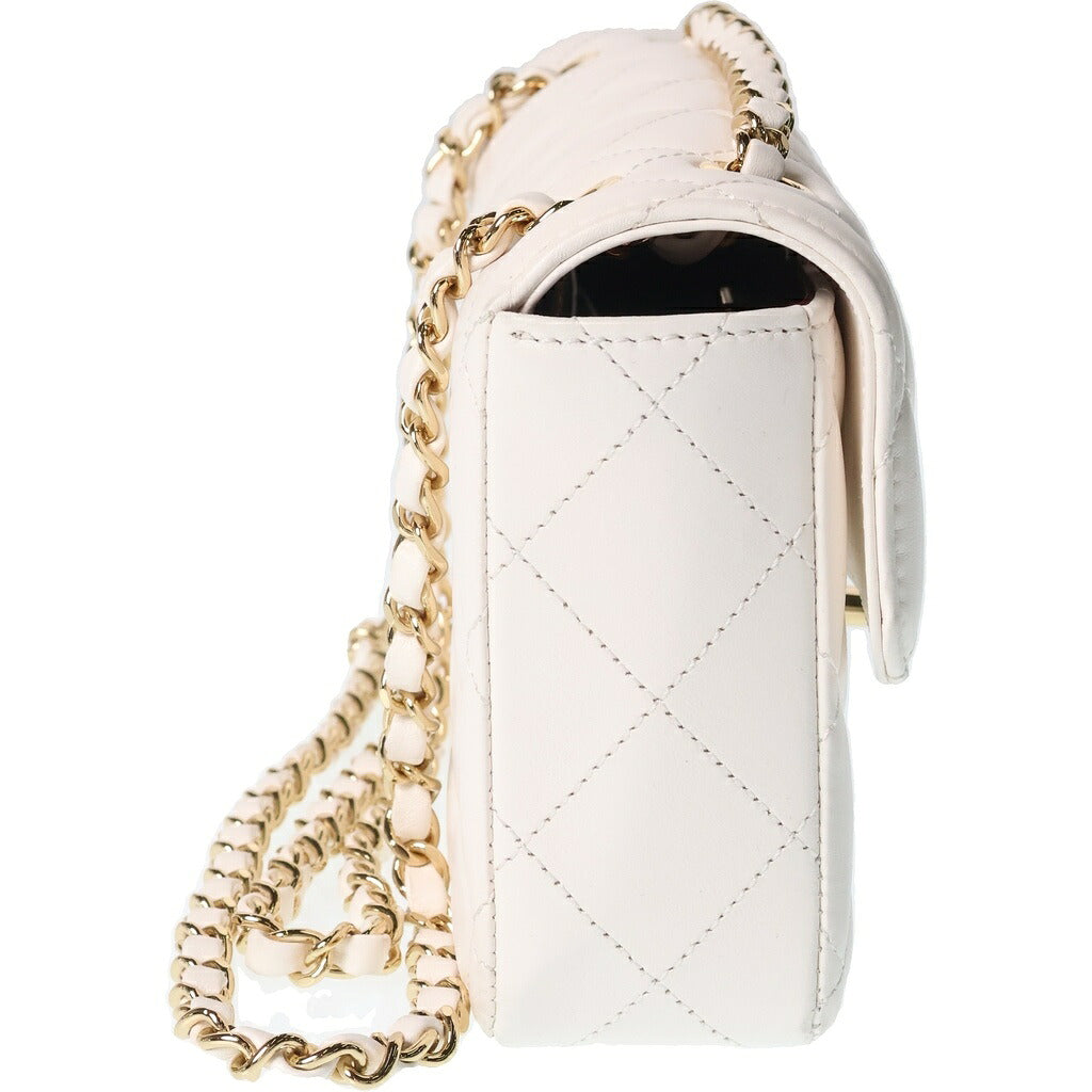 CHANEL(シャネル) マトラッセ 25 ミニ SフラップWチェーンショルダーバッグ ホワイト ラムスキン プレートシリアル ゴールド金具