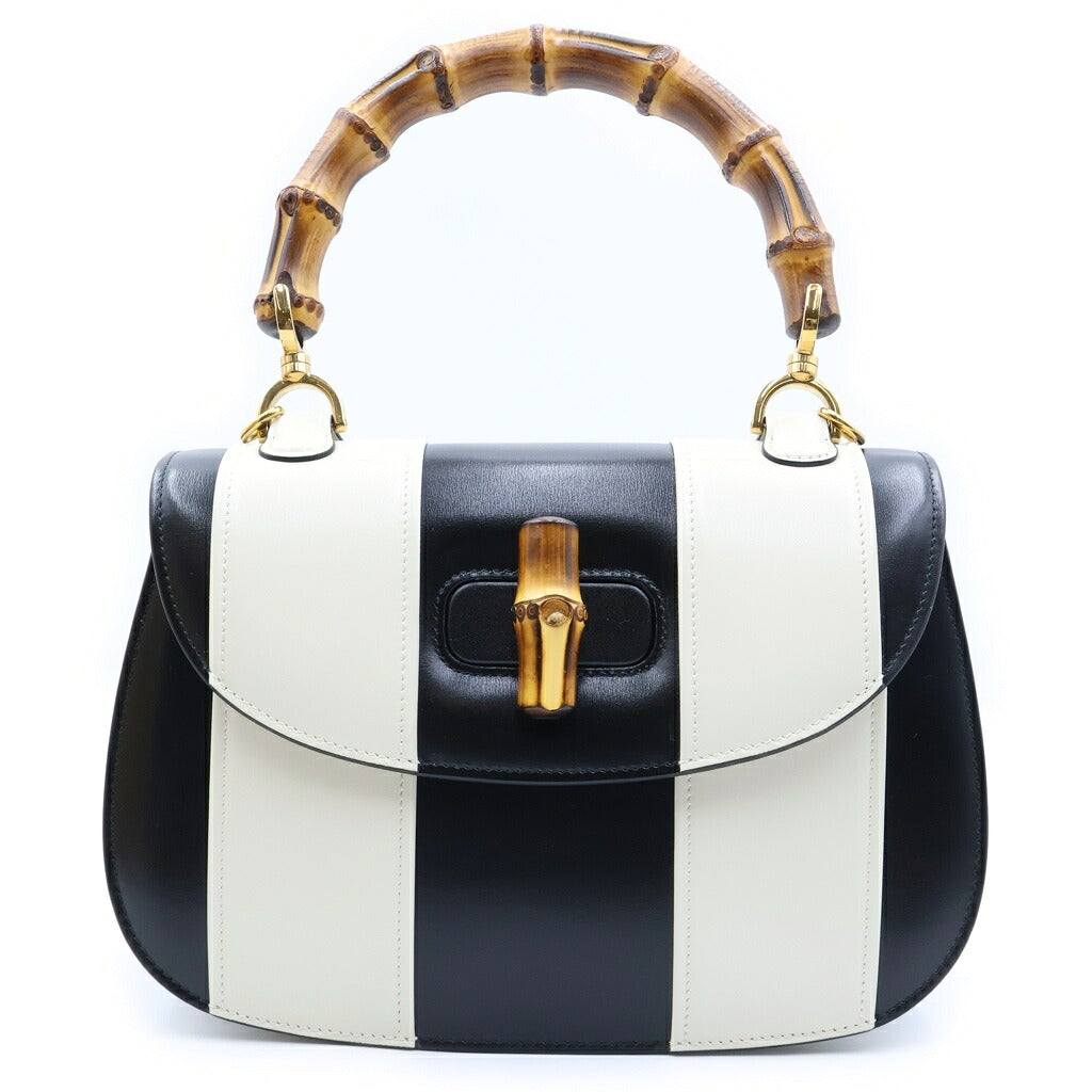 GUCCI(グッチ) バンブー ミディアム 2WAYハンドバッグ ショルダーバッグ ブラック×ホワイト レザー 672206 ゴールド金具