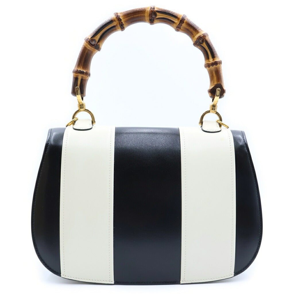 GUCCI(グッチ) バンブー ミディアム 2WAYハンドバッグ ショルダーバッグ ブラック×ホワイト レザー 672206 ゴールド金具