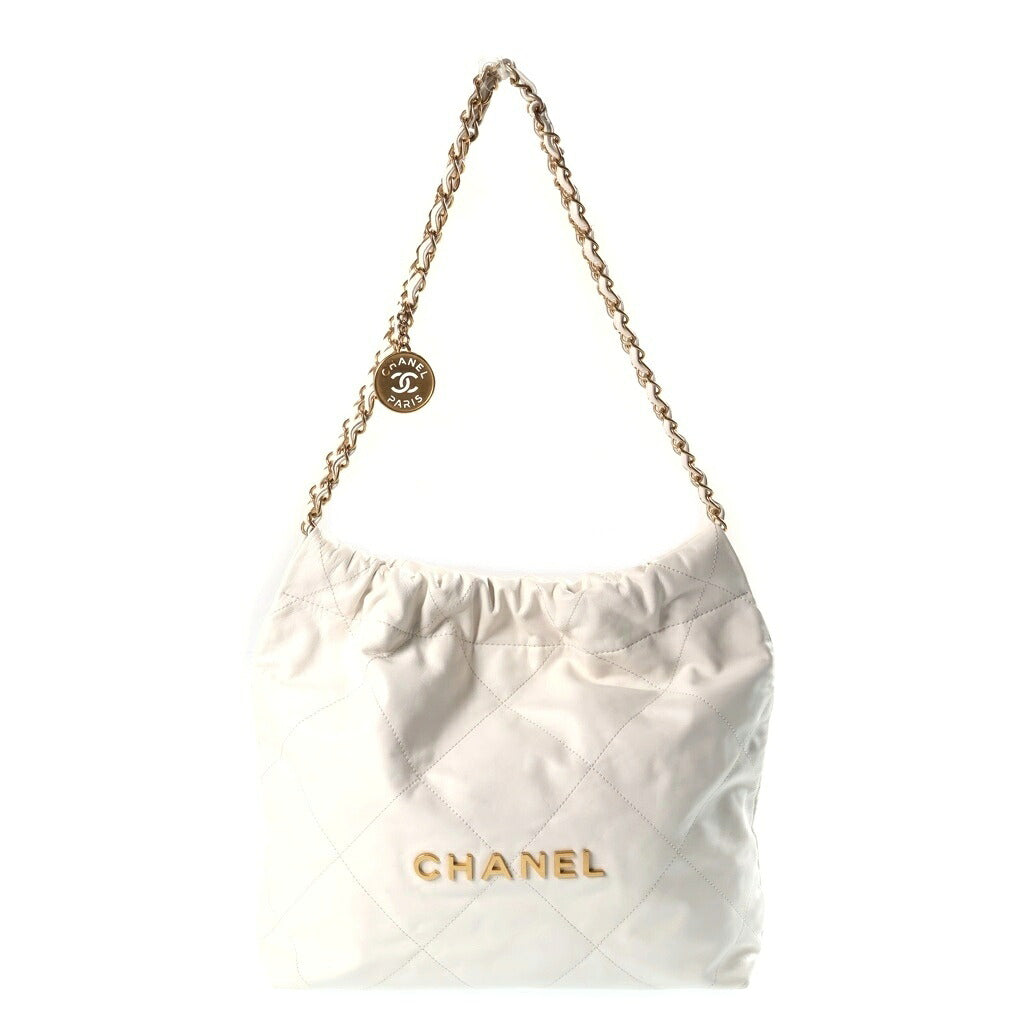 CHANEL(シャネル) シャネル22 ミディアム チェーンショルダーバッグ ホワイト カーフスキン プレートシリアル AS3261 ゴールド金具