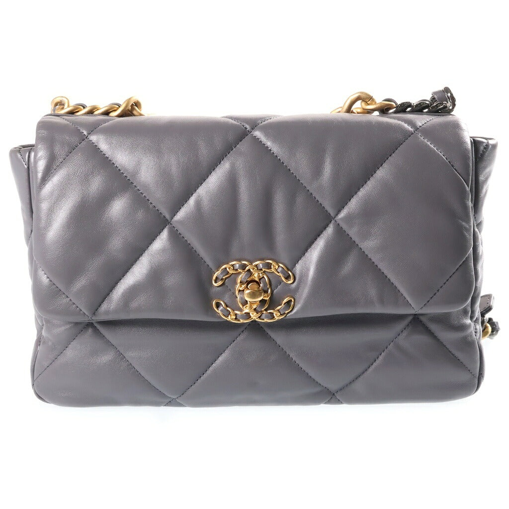 CHANEL(シャネル) シャネル19 ラージ ハンドバッグ ショルダーバッグ 2WAY グレー ゴールド×シルバー金具 ラムスキン プレート AS1161