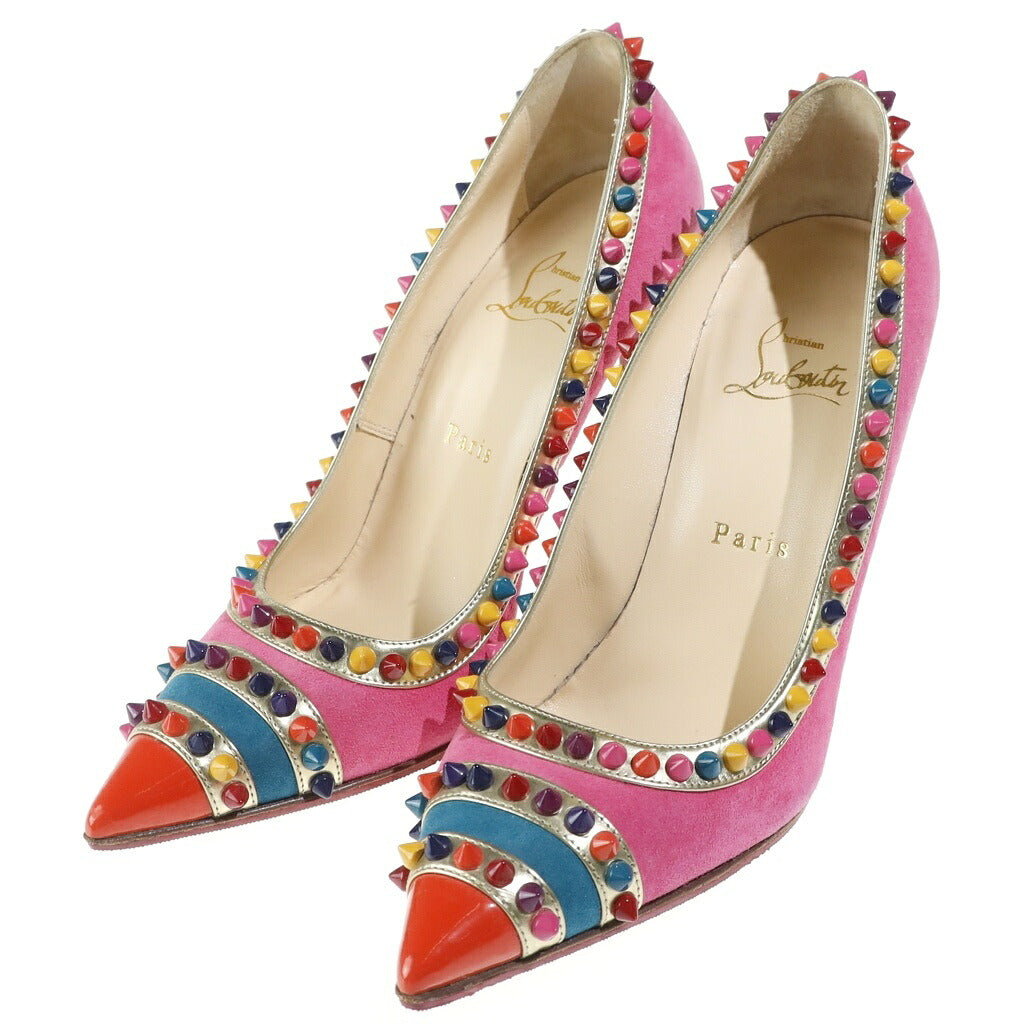 CHRISTIAN LOUBOUTIN(クリスチャンルブタン) スパイクスタッズ スエードレザー ヒール パンプス シューズ ピンク/マルチカラー レディース