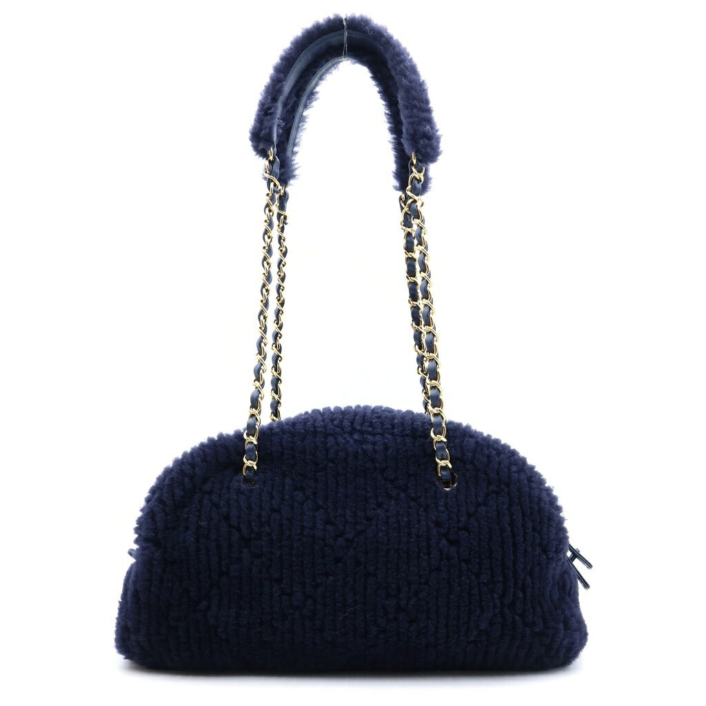 CHANEL(シャネル) ココネージュ ラージ ボーリングバッグ ショルダーバッグ ネイビー シアリング×ラム ゴールド金具 プレート付