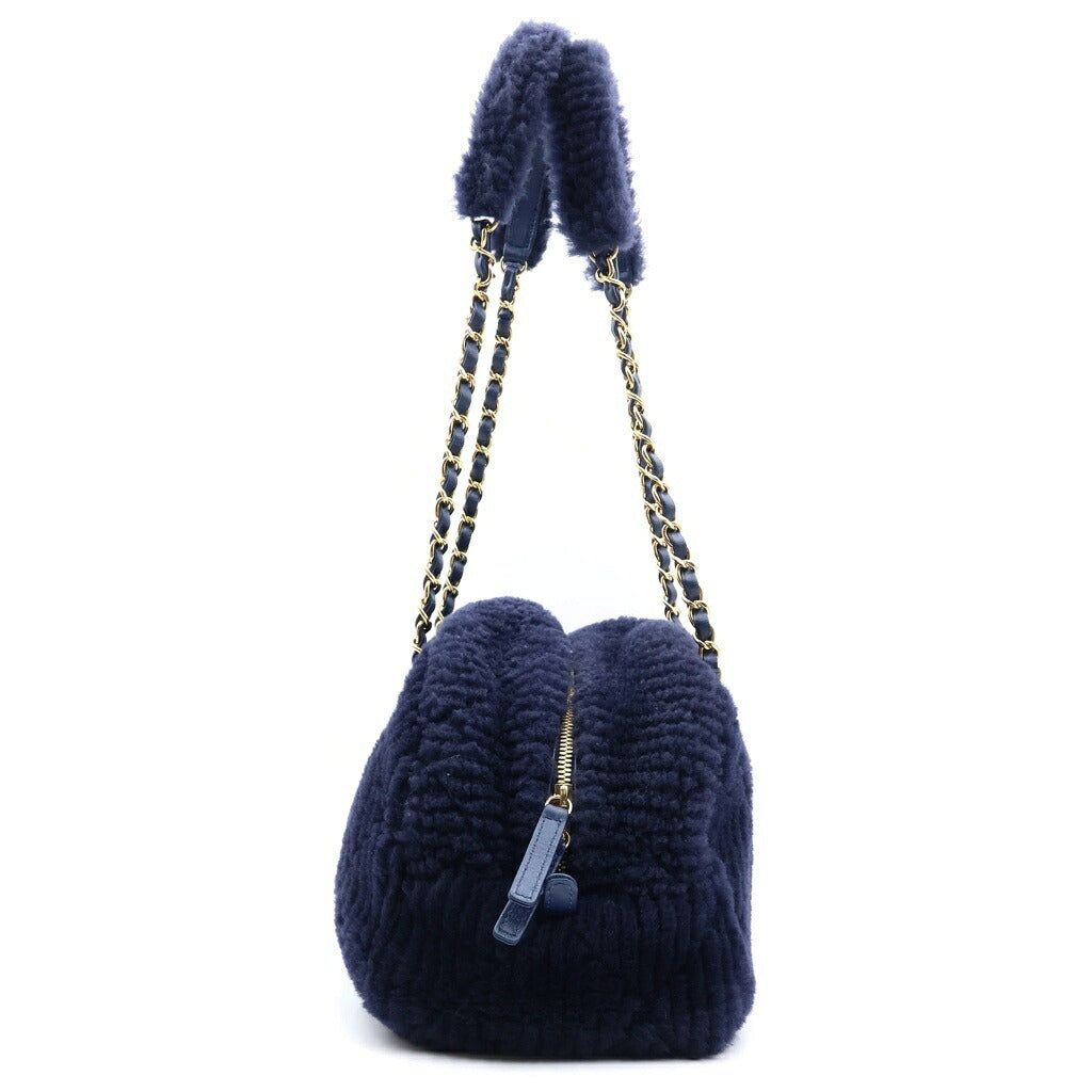 CHANEL(シャネル) ココネージュ ラージ ボーリングバッグ ショルダーバッグ ネイビー シアリング×ラム ゴールド金具 プレート付