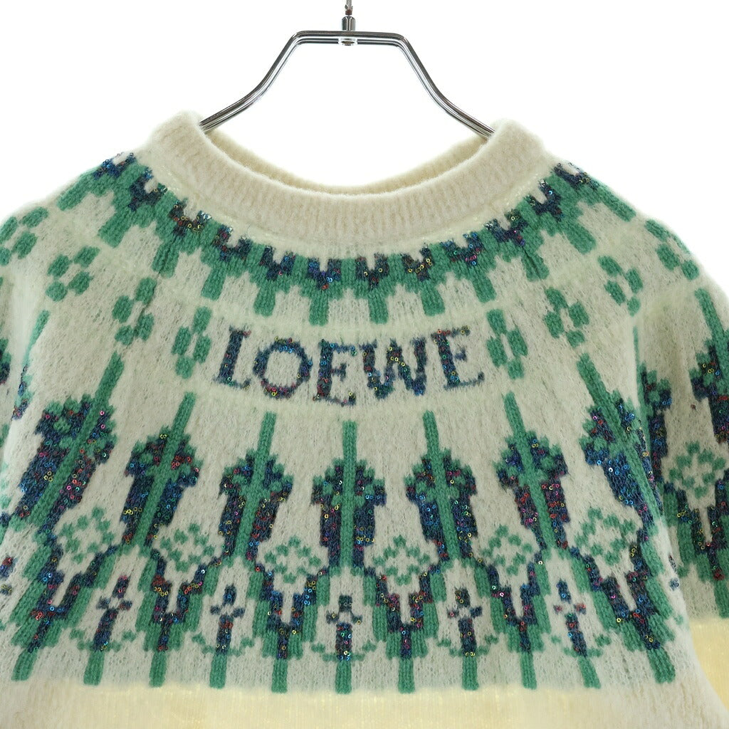 LOEWE(ロエベ) フェアアイル スパンコール ウール混 クルーネックニットセーター アイボリー×ライトグリーン S359Y14KIB