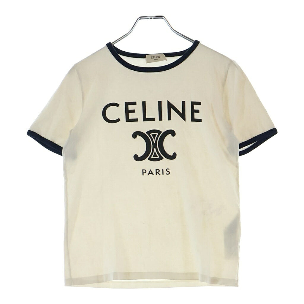 CELINE(セリーヌ) トリオンフ ロゴプリント リンガー半袖Tシャツ クルーネックカットソー ホワイト