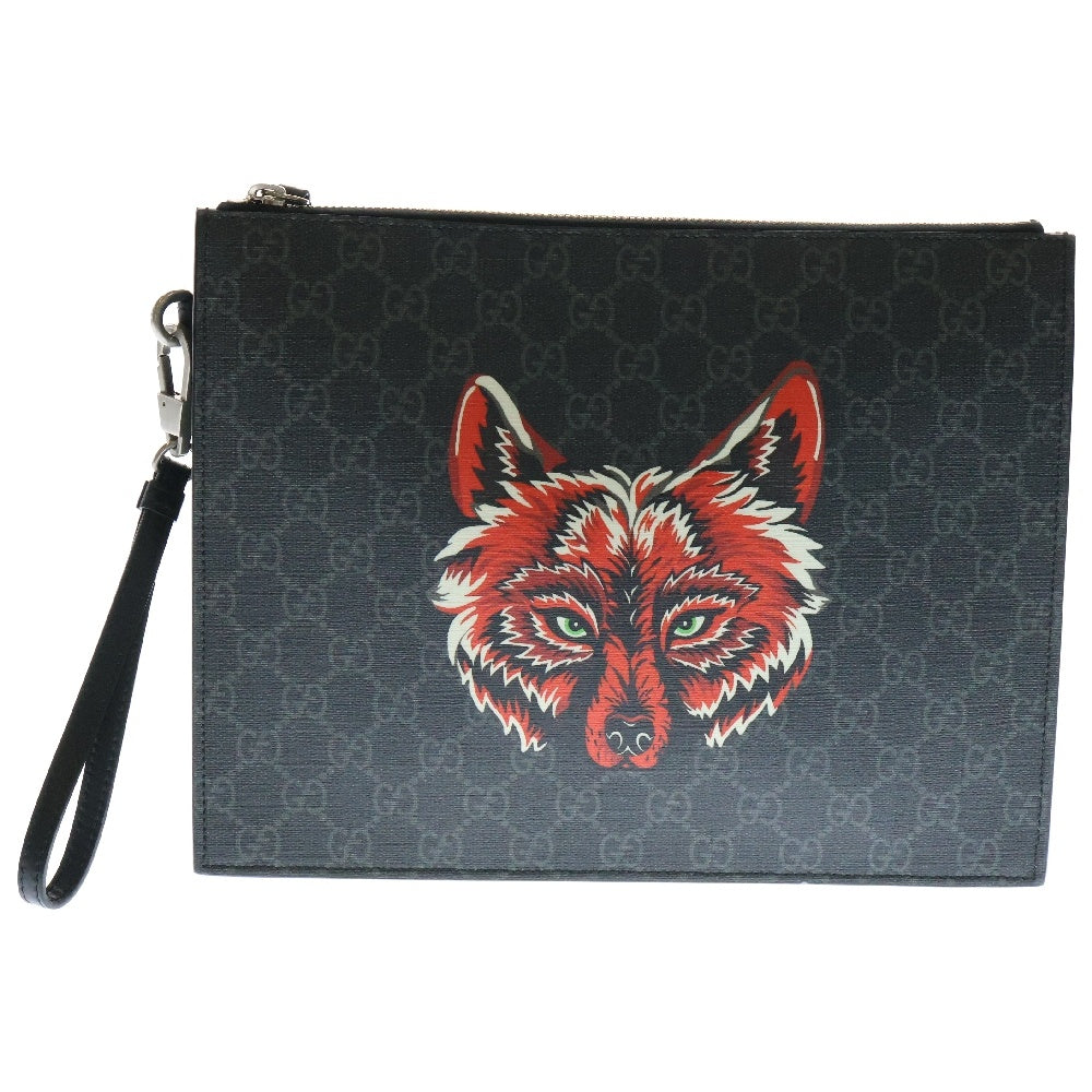 GUCCI(グッチ) GGスプリーム クラッチバッグ ウルフズヘッド 黒 PVC×レザー セカンドバッグ 547084
