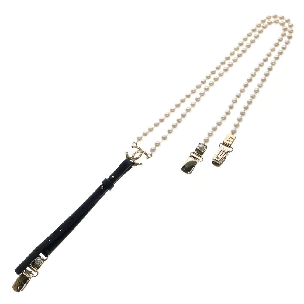 CHANEL(シャネル) ココマーク フェイクパール レザー サスペンダー A21K ブラック×ゴールド