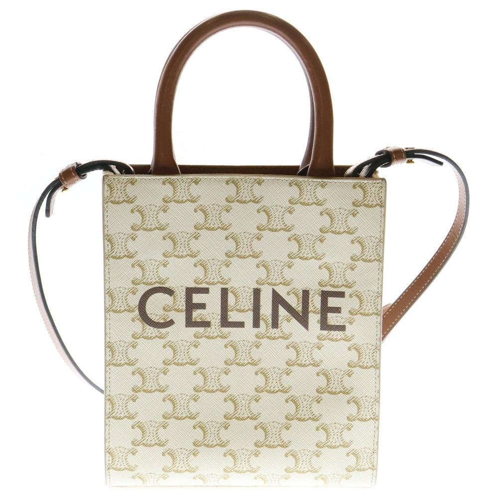 CELINE(セリーヌ) バーティカルカバ トリオンフ ミニ 2WAYバッグ ショルダーバッグ ミニトートバッグ ミニハンドバッグ ホワイト×ブラウン ゴールド金具 レザー×PVC