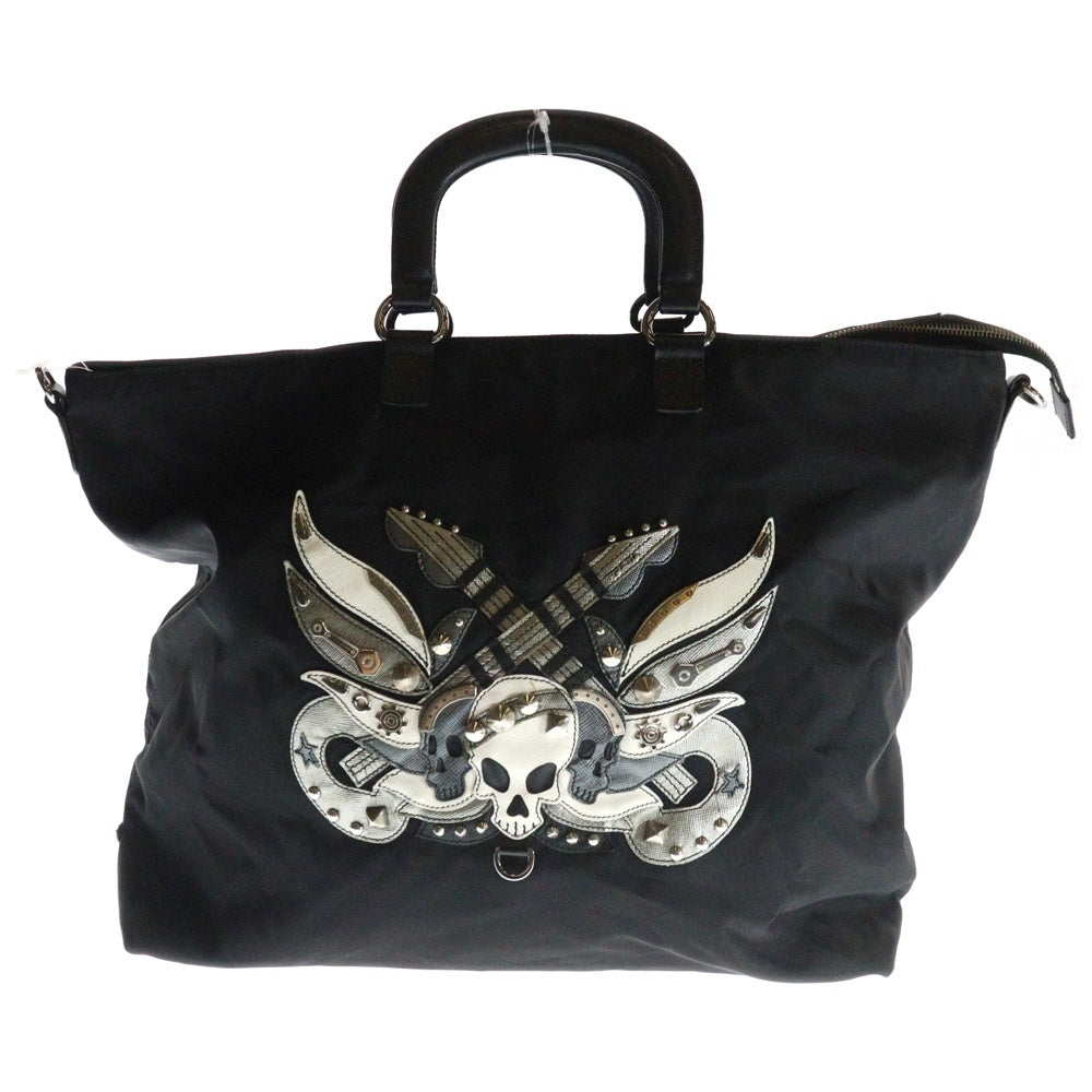 PRADA(プラダ) サフィアーノ スカル スタッズ 2WAYバッグ ショルダーバッグ ハンドバッグ トートバッグ テスート×レザー ブラック シルバー金具