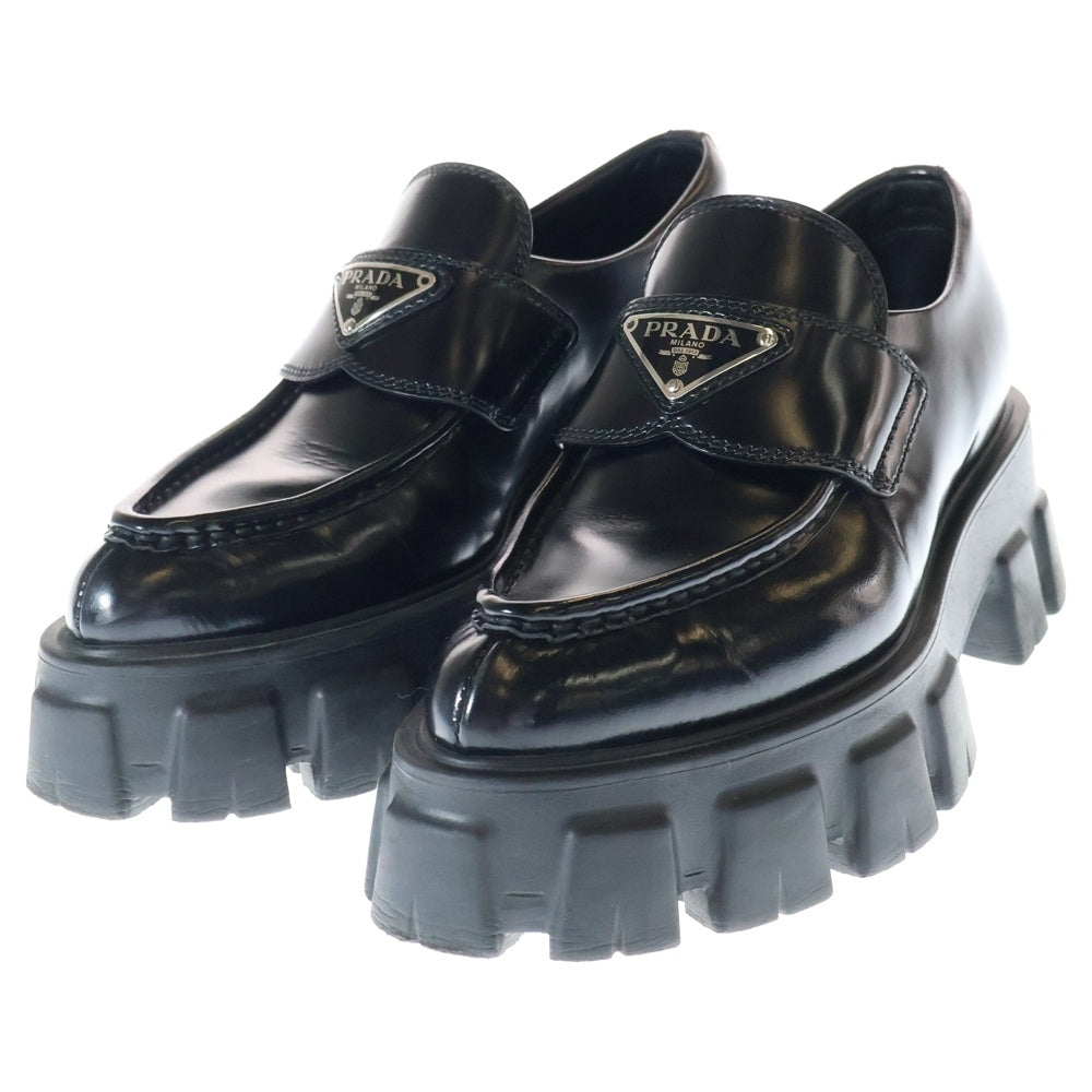 PRADA(プラダ) モノリス トライアングルロゴプレート ブラッシュドレザー 厚底 ローカットシューズ ローファー ブラック レディース 1D663M